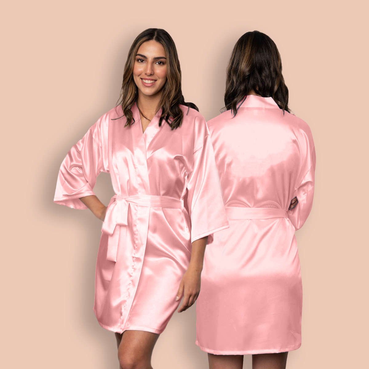 Satin rose pink womens robe that can be customized with text and symbols in the front and back of the robe.
